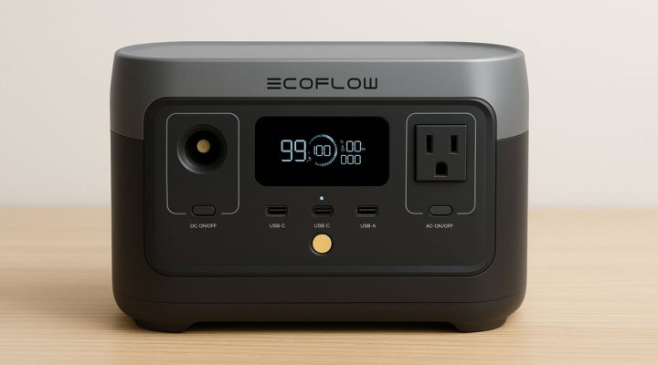 An EcoFlow portable power station with multiple ports, including USB-C, USB-A, and AC outlets, providing versatile power solutions.