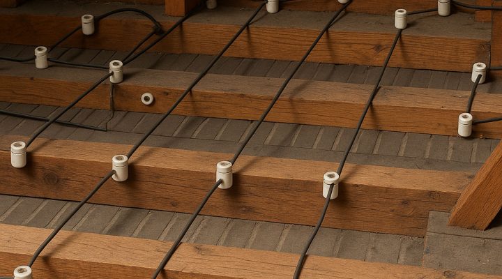 A detailed view of vintage knob-and-tube wiring securely fastened with ceramic insulators along wooden beams.